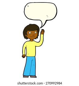 cartoon friendly boy waving with speech bubble