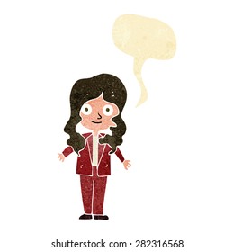cartoon friendly business woman with speech bubble