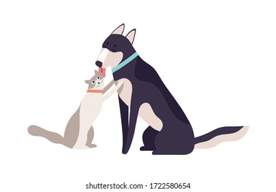 Cartoon friendly dog licking happy cat enjoying friendship isolated on white background. Two domestic animal friends playing together vector flat illustration. Colorful pet demonstrate love