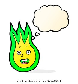 Cartoon-freundlicher Feuerball mit Gedankenblase