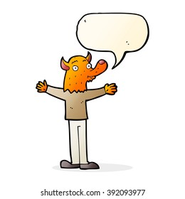 cartoon friendly fox person with speech bubble