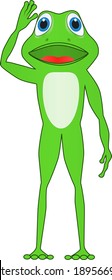 Cartoon of a friendly frog greets on a sunny day when spring arrives