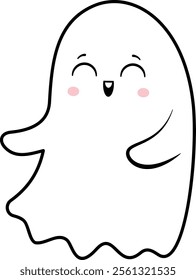 Cartoon friendly ghost smiling with closed eyes, floating with open arms, simple halloween character for kids, isolated vector illustration