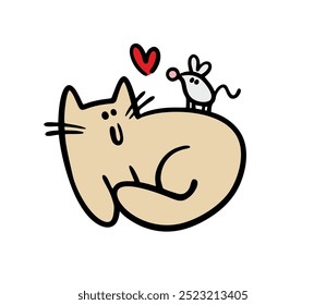 Gatito amigable de dibujos animados está jugando con un ratón. Ilustración vectorial de un divertido depredador de mascotas atrapó a un roedor y se enamoró. Amigos en la naturaleza salvaje o la vida en el hogar. Gato y comida con corazón.