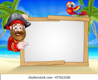 Cartoon friendly pirate on the beach with tropical palm trees, parrot and large blank sign for your text