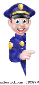 A cartoon friendly policeman leaning around a sign and pointing at it