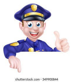 A cartoon friendly policeman leaning over a sign giving a thumbs up and pointing at it