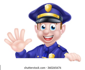 A cartoon friendly policeman leaning over a sign waving