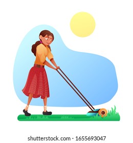 Cartoon friendly smiling young woman mowing grass with lawn mower on yard or in park. Gardening and landscape design. Female gardener working with garden equipment. Vector flat cutout illustration