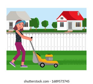 Cartoon friendly smiling young woman mowing grass with lawn mower on yard. Gardening and landscape design. Female gardener working with garden equipment. Vector flat cutout illustration