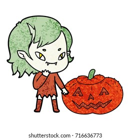 chica vampira amigable de dibujos animados considerando calabaza