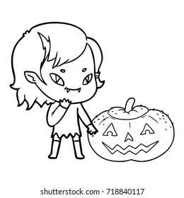 cartoon friendly vampire girl considering pumpkin