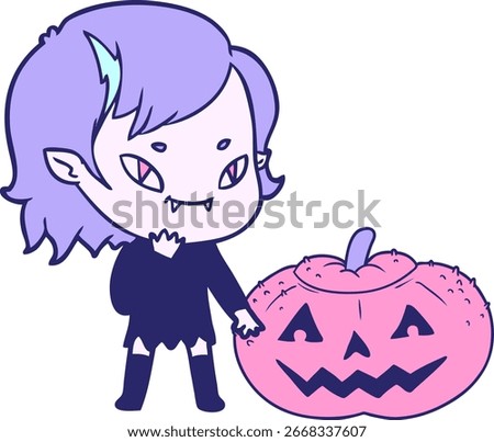 cartoon friendly vampire girl considering pumpkin in bright neon color