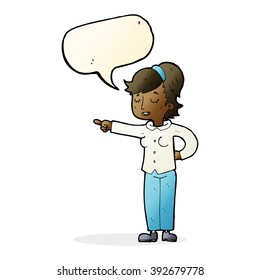cartoon friendly woman pointing with speech bubble