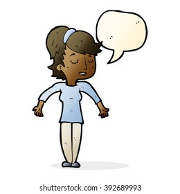 cartoon friendly woman shrugging shoulders with speech bubble