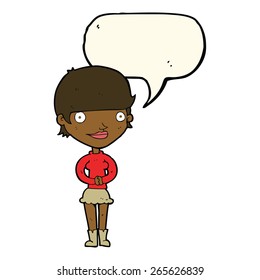cartoon friendly woman with speech bubble