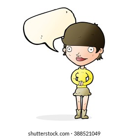 cartoon friendly woman with speech bubble