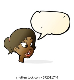 cartoon friendly woman with speech bubble
