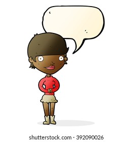 cartoon friendly woman with speech bubble