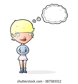 cartoon friendly woman with thought bubble