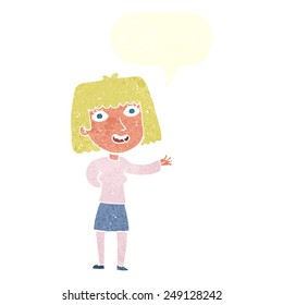 cartoon friendly woman waving with speech bubble
