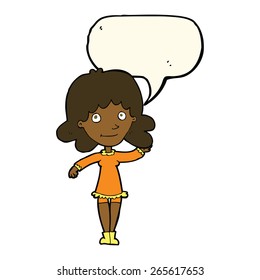 cartoon friendly woman waving with speech bubble