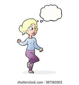 cartoon friendly woman waving with thought bubble