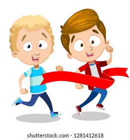 Cartoon friends boys running and finishing first. Two guys taking part in competition vector illustration. Sport and fun concept. Isolated on white background
