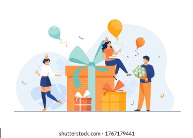 Cartoon friends celebrating birthday with balloons and gifts isolated flat vector illustration. Happy characters with present boxes at Christmas party. Celebration and event concept