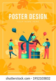 Cartoon friends celebrating birthday with balloons and gifts isolated flat vector illustration. Happy characters with present boxes at Christmas party. Celebration and event concept