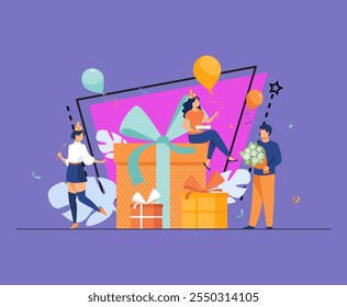 Cartoon friends celebrating birthday with balloons and gifts isolated flat vector illustration. Happy characters with present boxes at Christmas party. Celebration and event concept