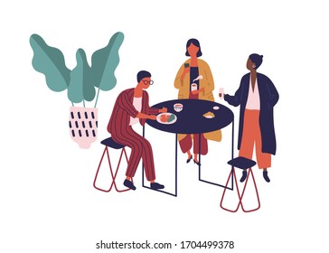 Cartoon friends enjoy lunch together at cafeteria vector flat illustration. Colorful man and woman sit at table eat food and drink beverage at cafe isolated on white. People have break at food court