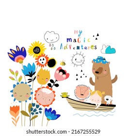 Cartoon Friends floating on the Boat on the Magic Lake