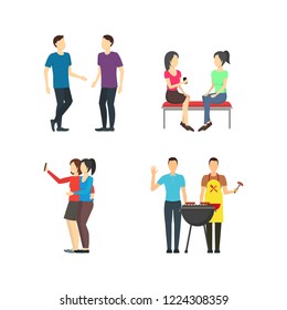 Cartoon Friends Social Characters Icon Set Happy Friendship Concept Element Flat Design Style. Vector illustration of Icon People at Picnic