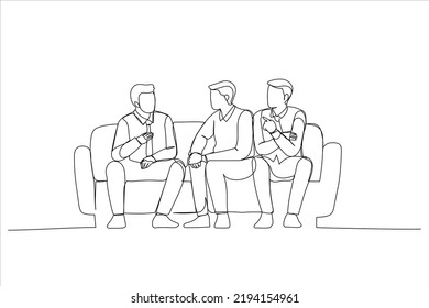 Cartoon of friends are talking at the green sofa in living room. Single continuous line art style
