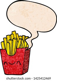 cartoon fries in box with speech bubble in retro texture style