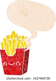 papas fritas de dibujos animados en caja con burbuja de habla en un estilo retro grunge angustiado texturizado