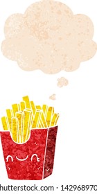 cartoon fries in box with thought bubble in grunge distressed retro textured style