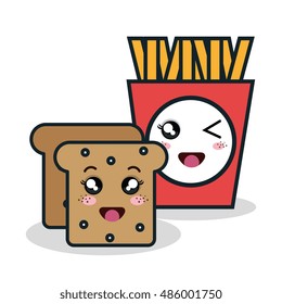 cartoon fries bread with facial expression isolated design