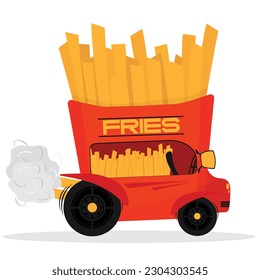 Cartoon fries car on wheels. French fries truck or potato van with racing accessories. Vector flat illustration
