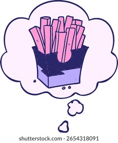 Patatas fritas de dibujos animados con burbuja de pensamiento en estilo de cómic en color neón brillante