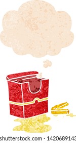 cartoon fries with thought bubble in grunge distressed retro textured style