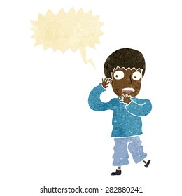 cartoon frightened boy with speech bubble