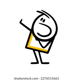 Cartoon frightened child makes a gesture with his hand closing himself from danger. Vector illustration of doodle frightened stickman in trouble.