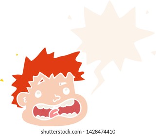 cartoon frightened face with speech bubble in retro style