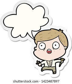 cartoon frightened man hunting halloween vampires with speech bubble sticker
