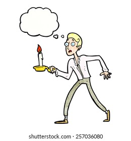 cartoon frightened man walking with candlestick with thought bubble