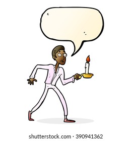 cartoon frightened man walking with candlestick with speech bubble