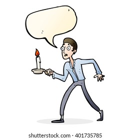 cartoon frightened man walking with candlestick with speech bubble