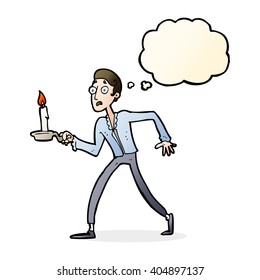 cartoon frightened man walking with candlestick with thought bubble